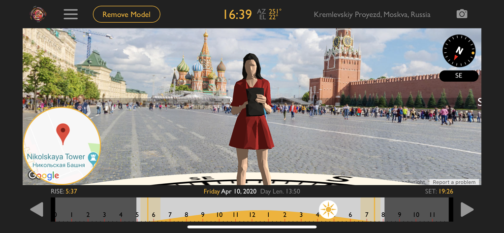 Helios Location Light Pre-Vis - Helios app interface showing a virtual stand-in model and sun position simulation on a street view background of Red Square