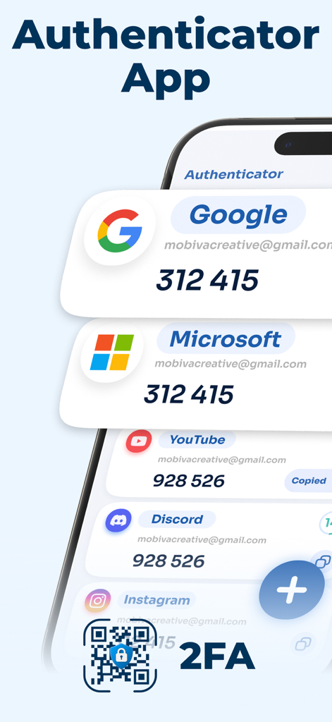 Authenticator app interface displaying 2FA security codes for Google, Microsoft, and YouTube accounts