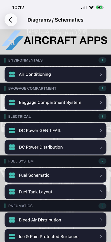 iEMBRAER Type Rating Prep - Menu listing aircraft system diagrams and schematics including electrical fuel and pneumatic systems for pilot training