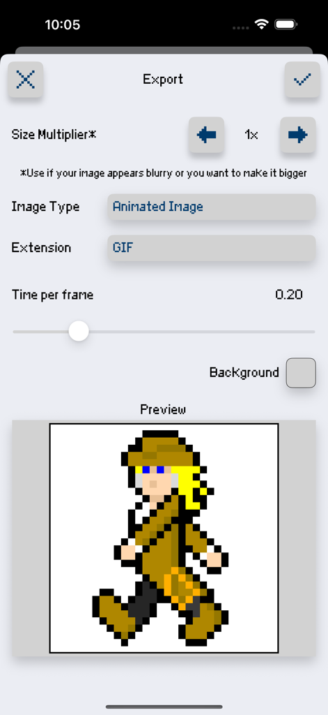 Interface for exporting an animated pixel art GIF of a character in the Sprite Creator app