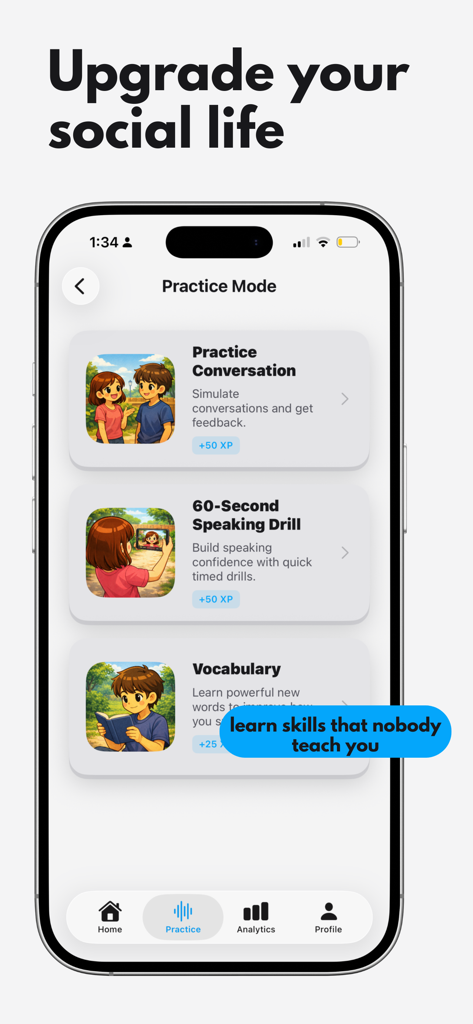 Kodi AI: Speaking Coach - Screenshot of Kodi AI Practice Mode screen showing options for practice conversation speaking drills and vocabulary training