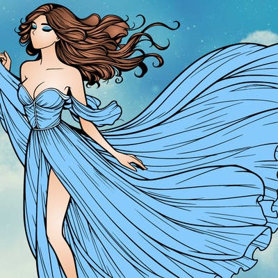 realistic woman in dress flowing the the wind