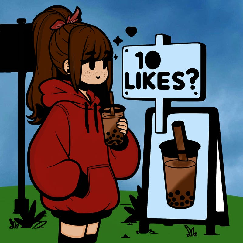 girl with oversized hoodie drinking boba and she has a high ponytail with a sign that says 10likes?