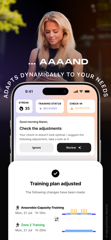 Enduco: Running & Cycling - Interfaz de la aplicación Enduco que muestra un ajuste de plan de entrenamiento dinámico de alta intensidad a entrenamiento de recuperación basado en recomendaciones de IA