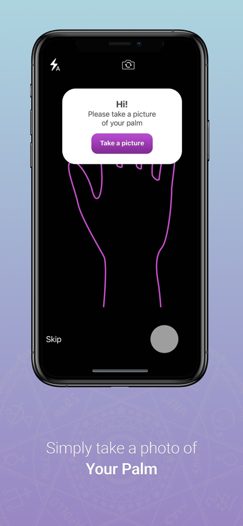 Uma tela de smartphone mostrando a interface da câmera com um contorno de mão para tirar uma foto da palma para uma leitura
