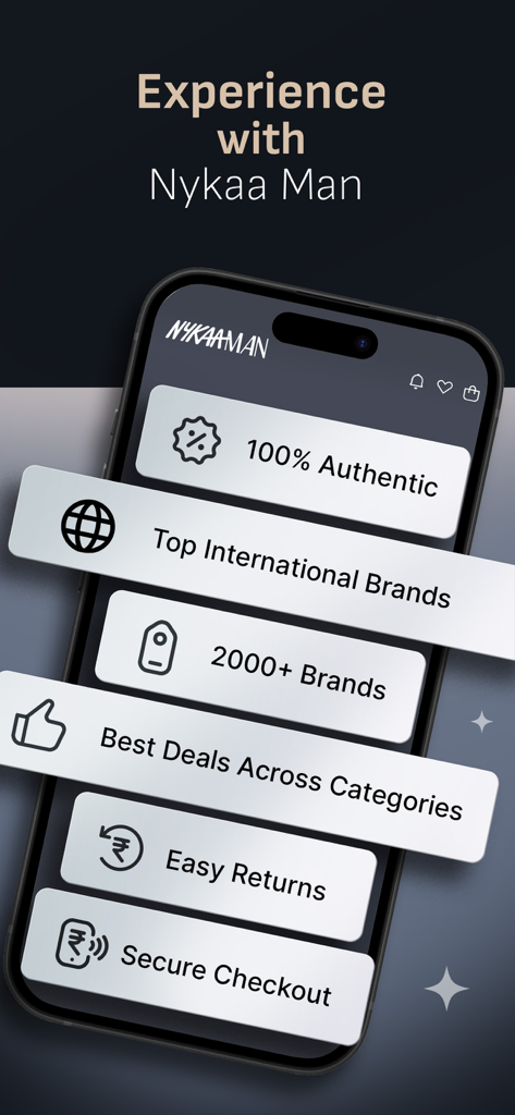 Nykaa Man-Men's Shopping App - Nykaa Manアプリの機能（100％本物の製品、トップインターナショナルブランドなど）を示すスマートフォンの画面。