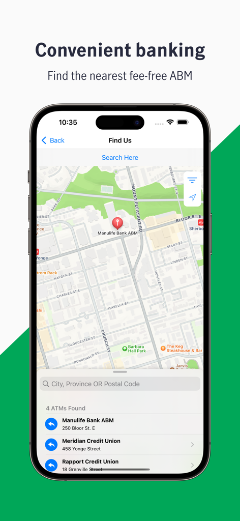 Manulife Bank mobile app showing a map with nearby fee-free ABM locations and a search bar for city or postal code.