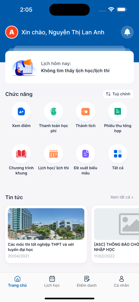 Startbildschirm der OneUni App mit akademischen Dienstleistungen, Nachrichten und einem personalisierten Studenten-Dashboard
