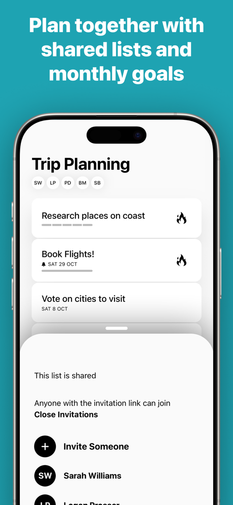 Interface of the Actions to-do list app showing a shared Trip Planning list with collaborators and task cards