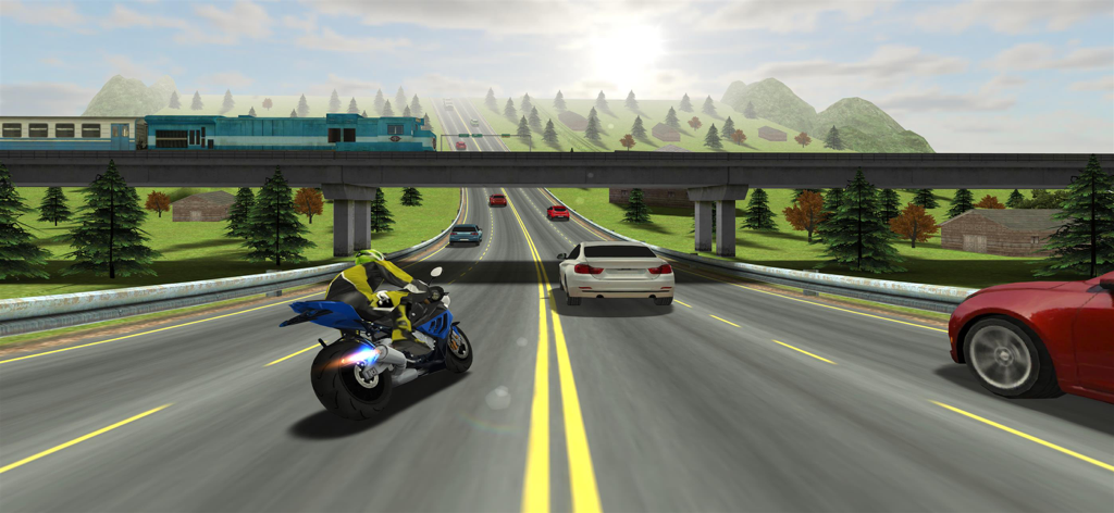 Motor Racing Mania - Blue motorcycle racing on a highway with cars and hills in Motor Racing Mania game