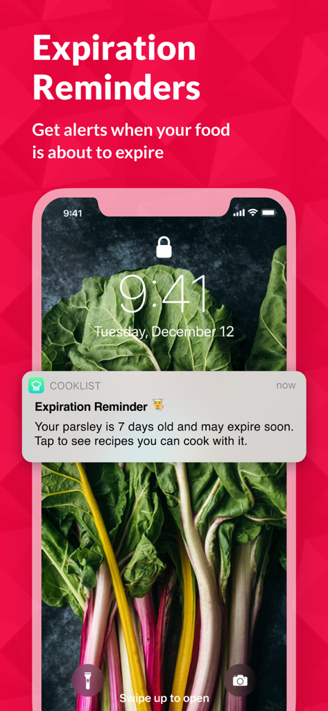 Cooklist app expiration reminder notification on a phone lock screen showing an alert for aging parsley