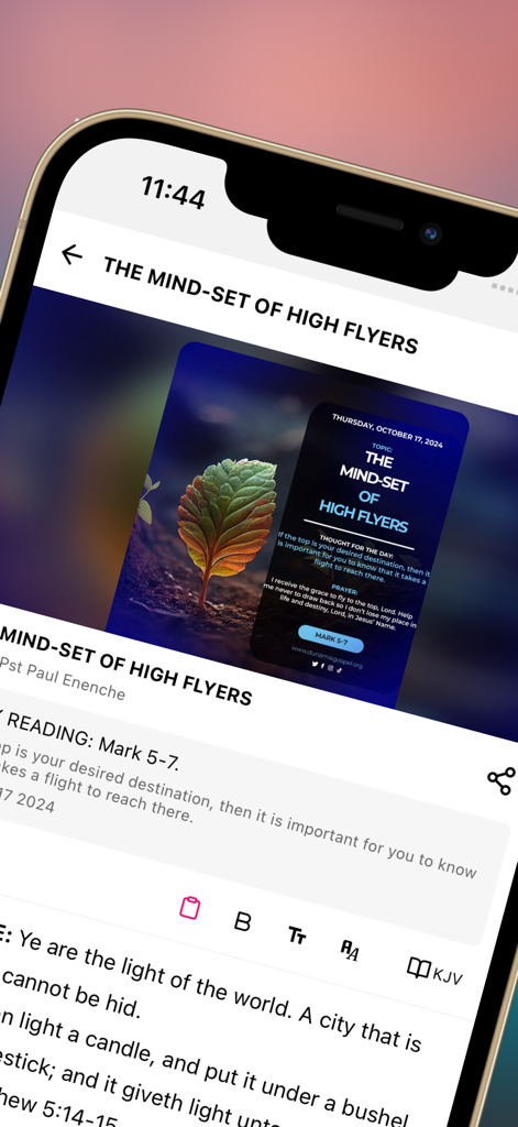 Seeds Of Destiny - Seeds of Destiny app interface showing a daily devotional title and text content on an iPhone