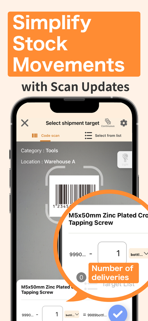 zaico - Easy Stock Management - Smartphone interface scanning a barcode to update stock movements in the zaico app