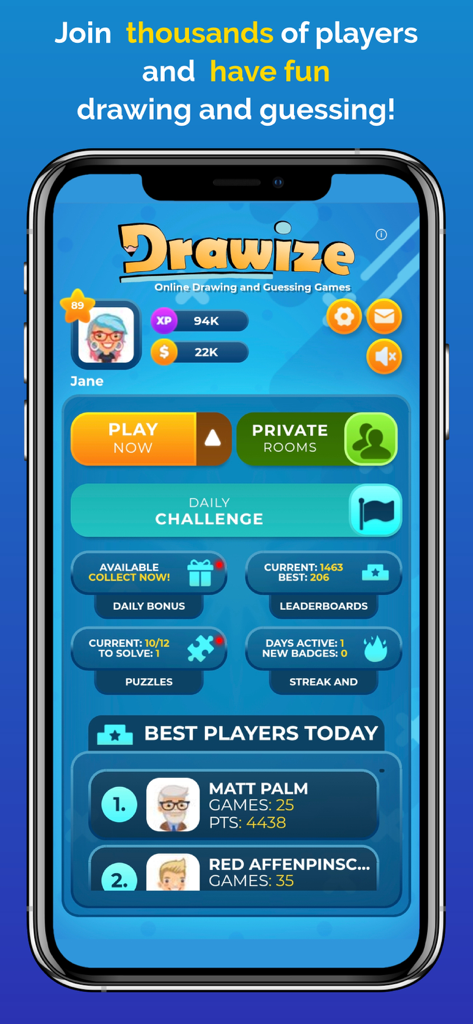 Main menu of the Drawize mobile game showing player stats, game modes like Play Now and Daily Challenge, and a leaderboard of best players.