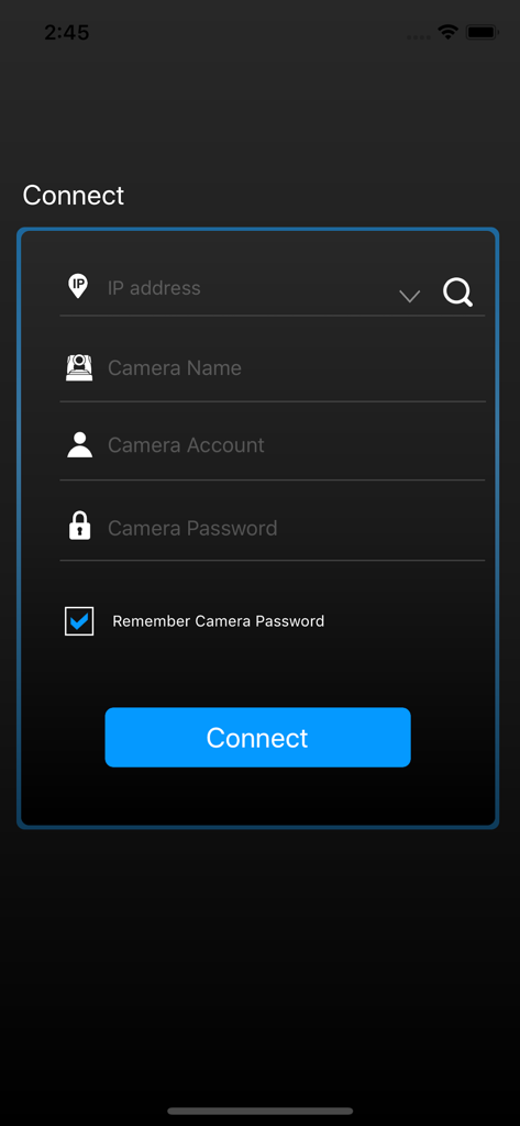 Schermata di connessione dell'app PTZ Control Panel che mostra i campi di accesso della telecamera