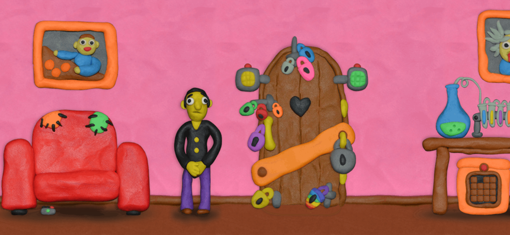 12 LOCKS - Claymation character standing in a pink room next to a wooden door with multiple colorful locks
