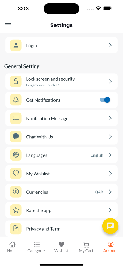 Brands Outlet - Shopping App - Account settings screen of the Brands Outlet shopping app showing notification toggles and security options.