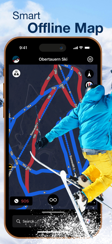 Obertauern - Smartphone displaying the Obertauern ski app smart offline map with trail routes and emergency SOS button