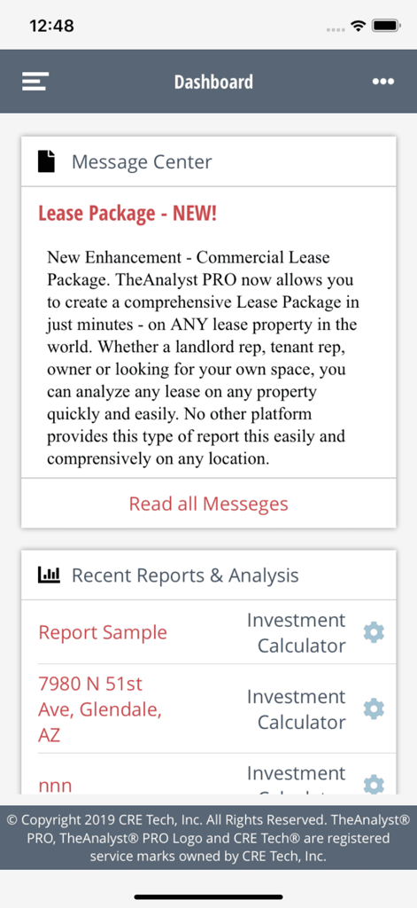 TheAnalyst® PRO - TheAnalyst PRO app dashboard displaying the message center and a list of recent commercial real estate reports