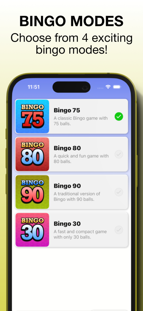 Bingo Go - Caller & Boards - Bingo Go app interface showing four different bingo game modes including 75 80 90 and 30 ball variants
