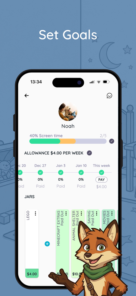 Homey - Chores and Allowance - The Homey app interface showing child profile management with allowance tracking and saving jars for goals like LEGO and Minecraft