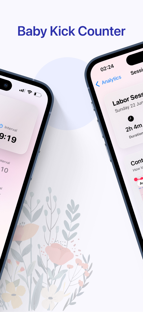 Contraction Timer ＆ Kick Count - Two mobile screens of the Contraction Timer and Kick Count app displaying labor session data and the baby kick counter.