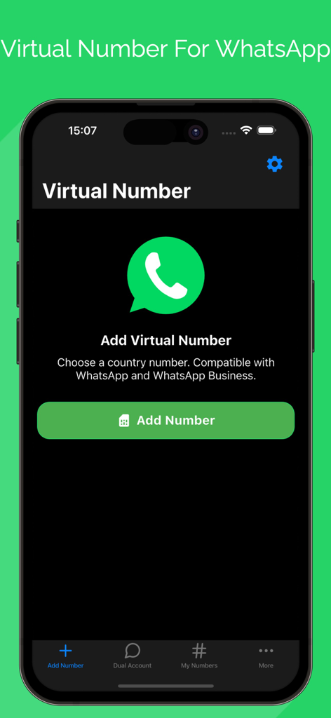 Dual WA: Duo Web Messenger - Maqueta de iPhone mostrando la función de Número Virtual para WhatsApp y WhatsApp Business en la aplicación Dual WA.