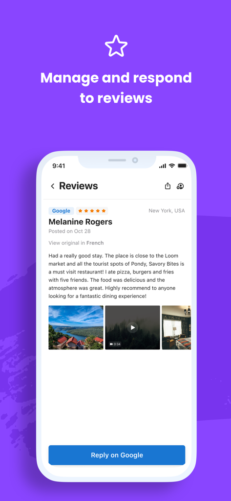 Écran de l'application Birdeye pour la gestion et la réponse aux avis clients Google