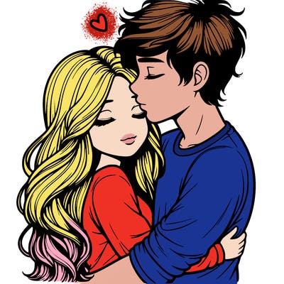 a realistic couple boy and girl hugging and kissing