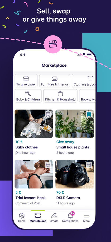 nebenan.de - The marketplace screen of the nebenan app showing local neighborhood listings for selling and giving away items