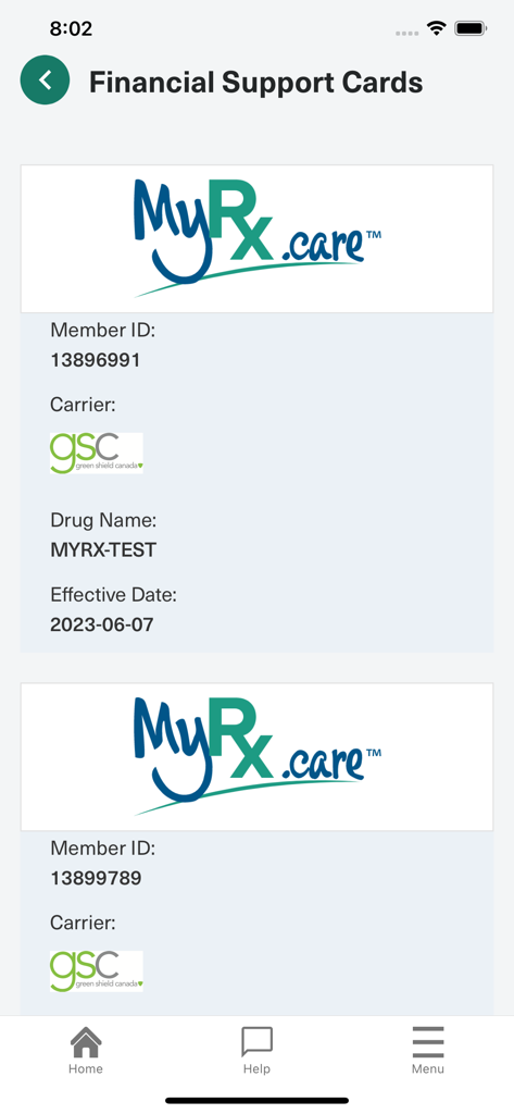 MyRx Care Support - Digital financial support cards screen in the MyRx Care Support app showing member ID and carrier details