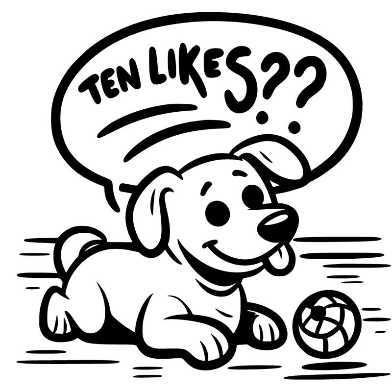 dog saying “ten likes?!” while playing fetch