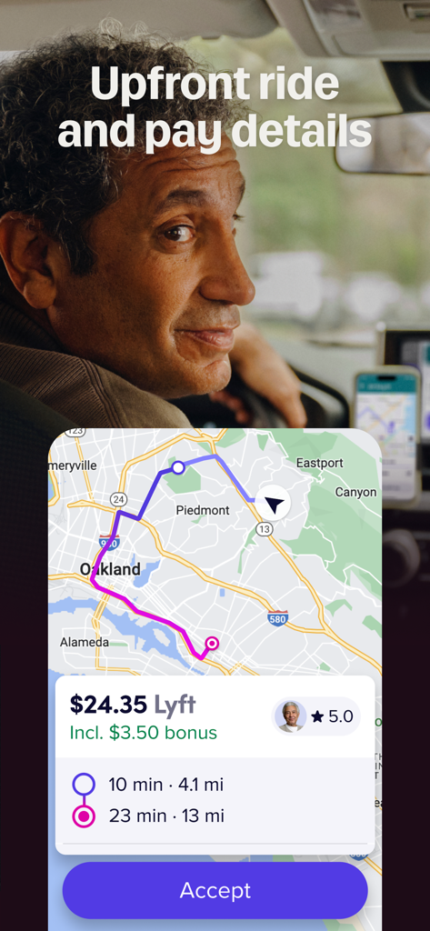 Lyft Driver App-Oberfläche, die eine Vorauszahlung von 24,35 Dollar und Fahrtdetails auf einer Karte mit Akzeptieren-Schaltfläche anzeigt