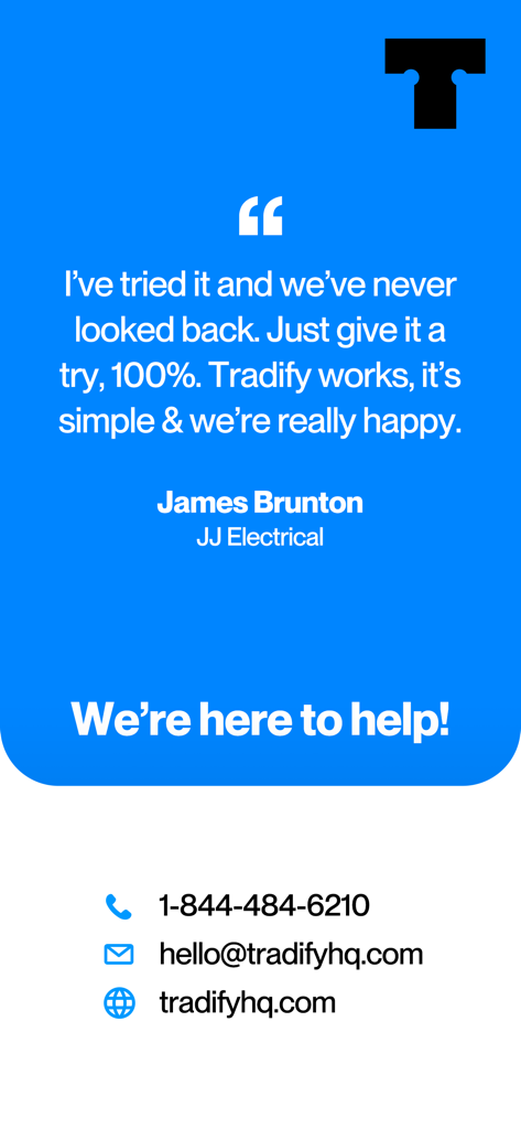 Tradify-Kundenrezension von einem Elektriker und Support-Kontaktdaten