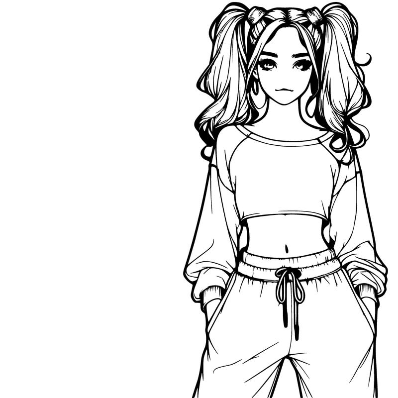 realistic girl with high pigtails wearing a cropped top that hang off her shoulders and sweatpants