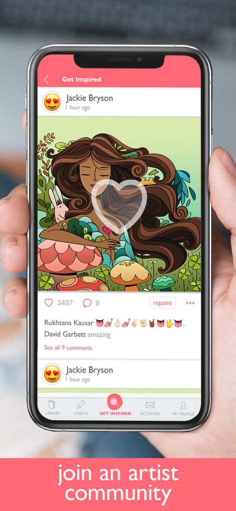Un écran de smartphone affichant le flux d'inspiration de l'application Colorfy où les utilisateurs partagent et aiment des illustrations coloriées