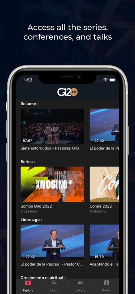 G12 TV - Interfaz de la app G12 TV en iPhone mostrando series cristianas y conferencias de liderazgo
