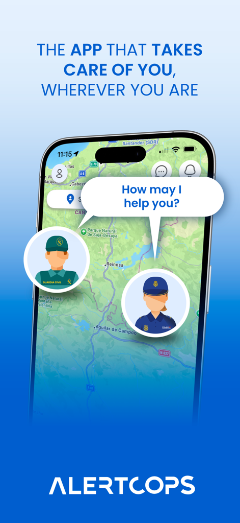 Smartphone screen displaying the AlertCops app with a map and police assistance icons
