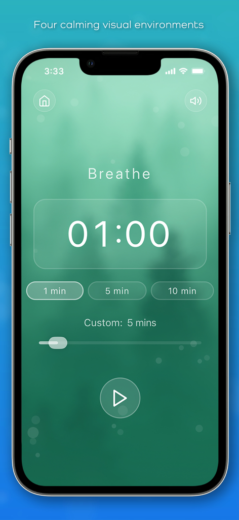 Stillflow — Meditation Timer - Interfaz minimalista de temporizador de meditación Stillflow que muestra una duración de un minuto y un fondo verde sereno