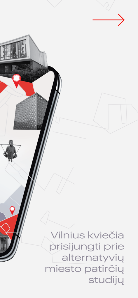 Splash screen of the Neakivaizdinis Vilnius app featuring modern architecture and location pins.