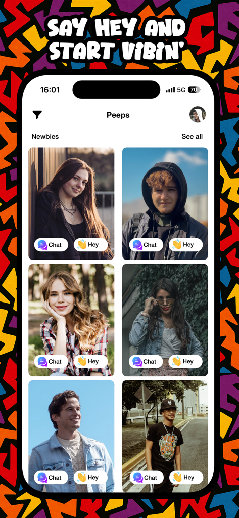 Wizzup - Make new friends - Tela do aplicativo Wizzup mostrando uma grade de novos perfis de usuários com opções para conversar e enviar uma saudação