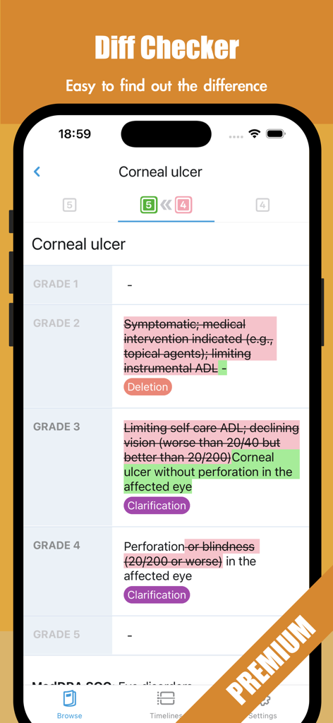 CTCAE 5 Pro app showing a comparison between version 5.0 and 4.03 for corneal ulcer grading criteria with highlighted changes