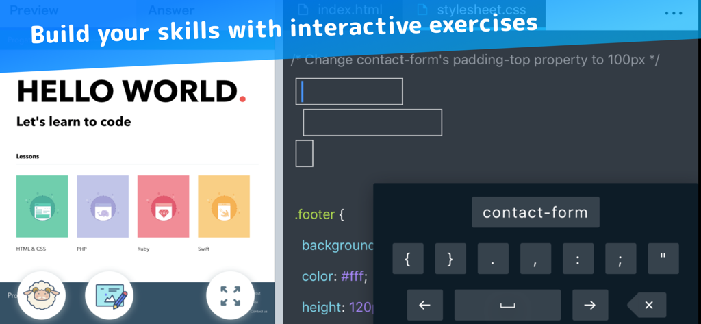 Progate - Progate app interface showing an interactive CSS coding exercise with a mobile code editor and preview