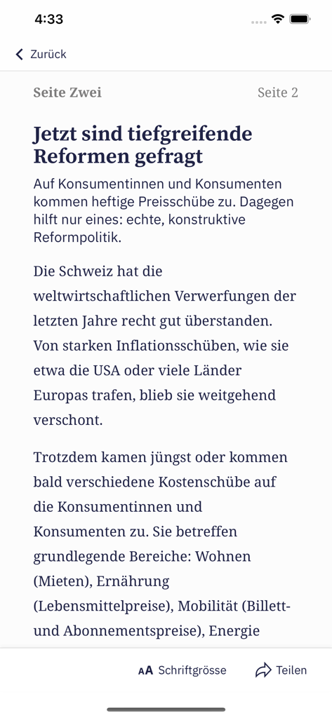 Modo de lectura de la aplicación Tages-Anzeiger E-Paper mostrando un artículo de noticias en alemán sobre reformas económicas
