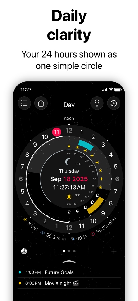 CircleTime App-Oberfläche, die einen kreisförmigen 24-Stunden-Tagesplaner mit Wetter und Mondphasen zeigt