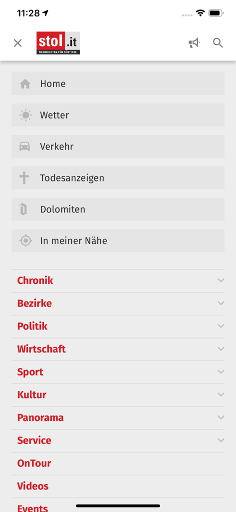 Navigationsmenü der stolit Nachrichten-App mit Kategorien wie Wetter, Verkehr und regionalen Nachrichten auf Deutsch