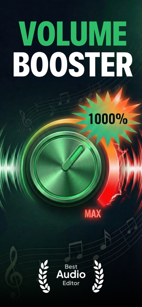 Volume Booster - Sound & Bass - Uma interface de aplicativo móvel para aumentar o volume do som em até 1000% com um botão giratório.