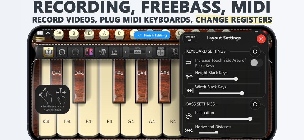 Interfaz de la aplicación Accordion Piano Cassotto mostrando los ajustes de diseño para la personalización del teclado y el bajo
