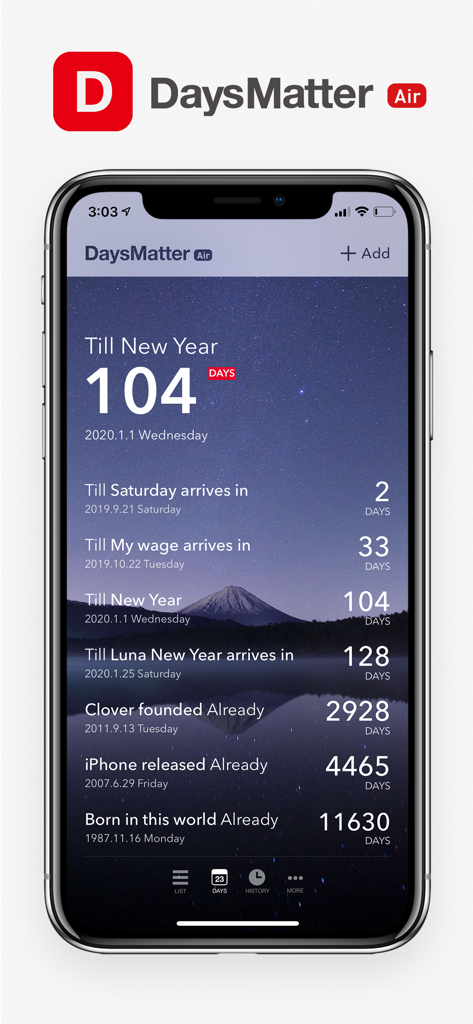 A smartphone displaying the Days Matter Air app interface with various countdowns for personal and global milestones against a scenic mountain background.