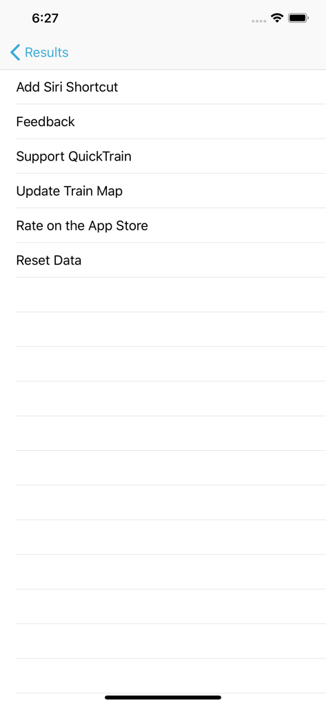 QuickTrain - QuickTrain app settings screen showing options for Siri shortcuts feedback train map updates and app store ratings